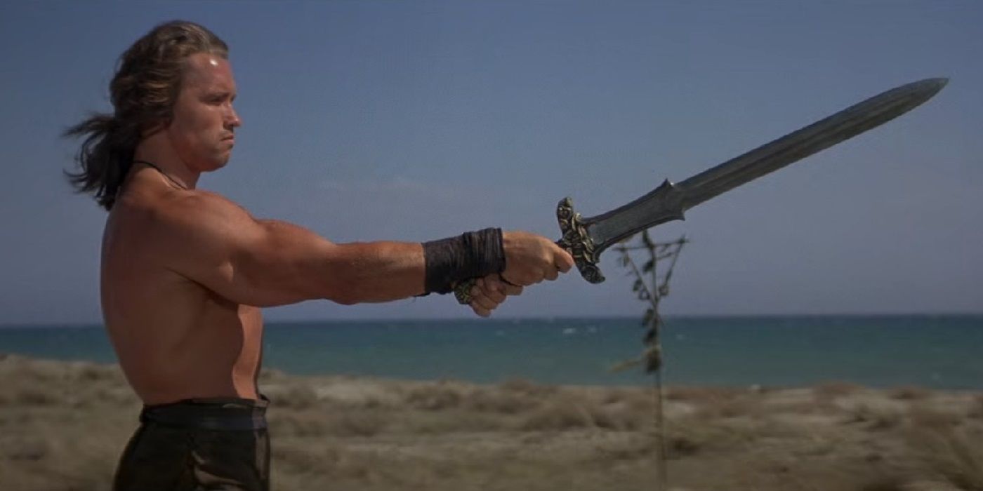 Arnold Schwarzenegger holding a sword on a beach in Conan the Barbarian