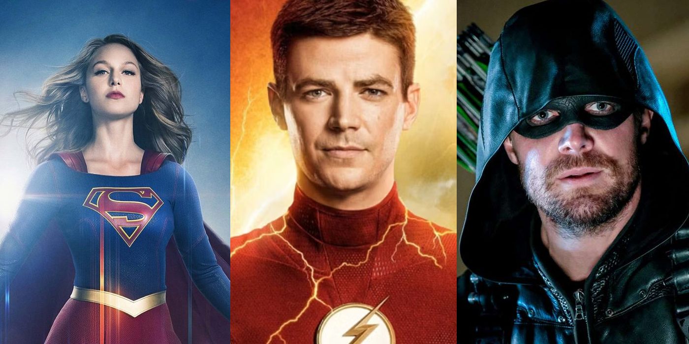 Supergirl (Melissa Benoist); Flash (Grant Gustin); Green Arrow (Stephen Amell) split image.