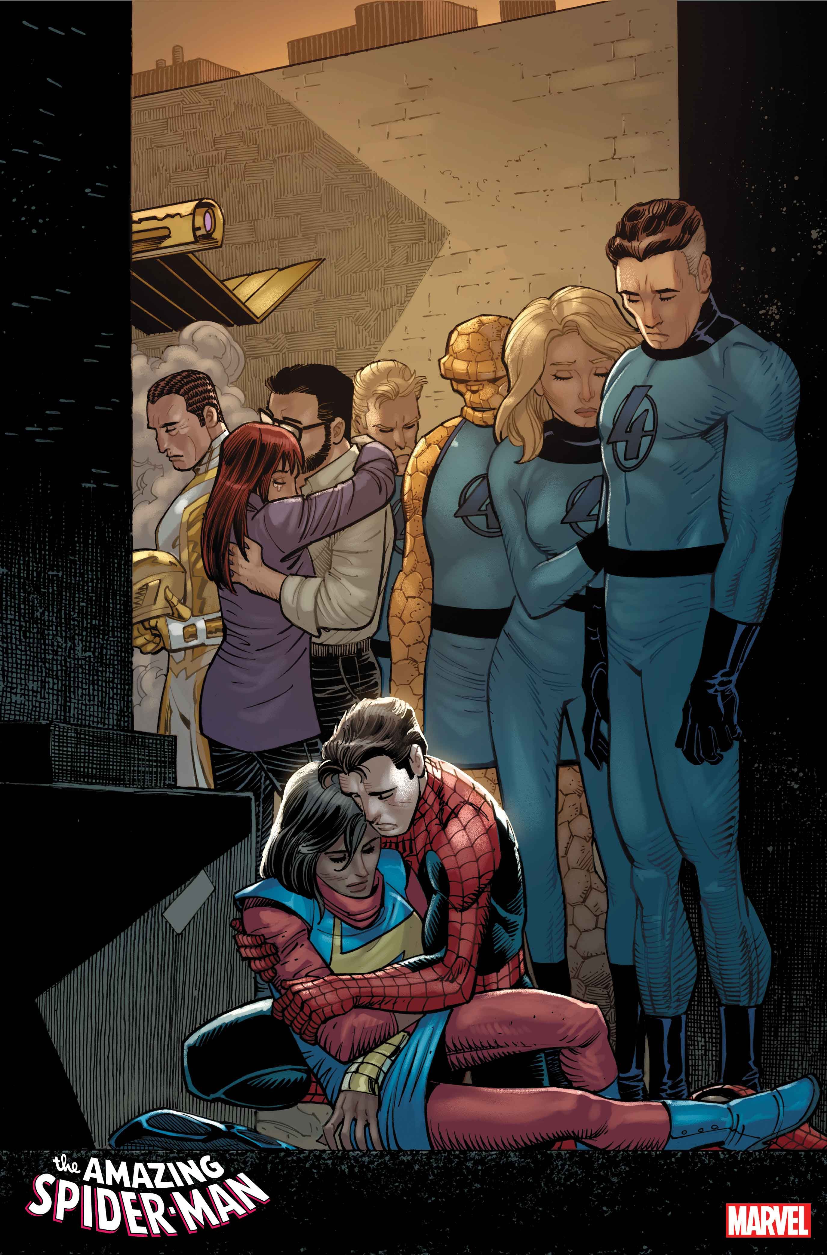 peter parker holding a deceased ms marvel surrounded by fellow heroes and loved ones