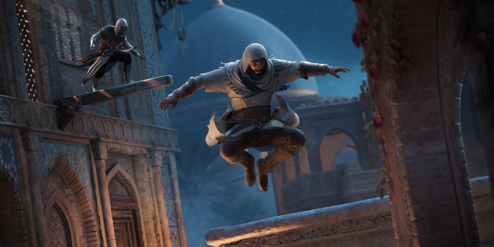 Assassin's Creed Mirage screenshot showing two assassins jumping between buildings at night