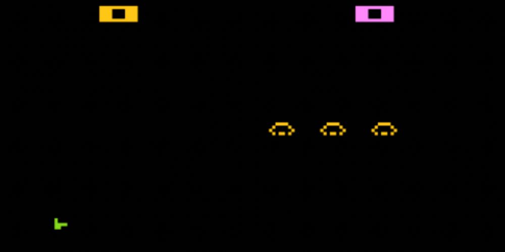 Take down enemy invaders in Warplock for Atari 2600