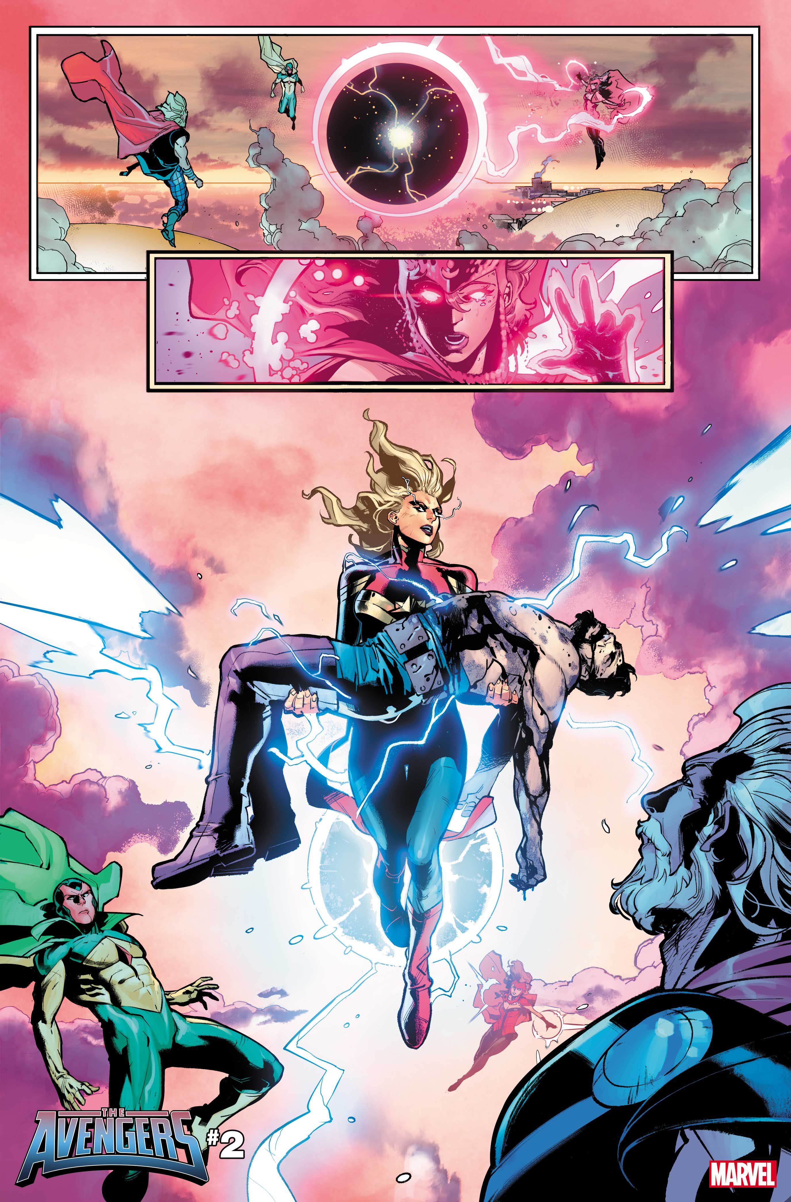 Captain Marvel flies in the air holding Tony Stark in Avengers #2