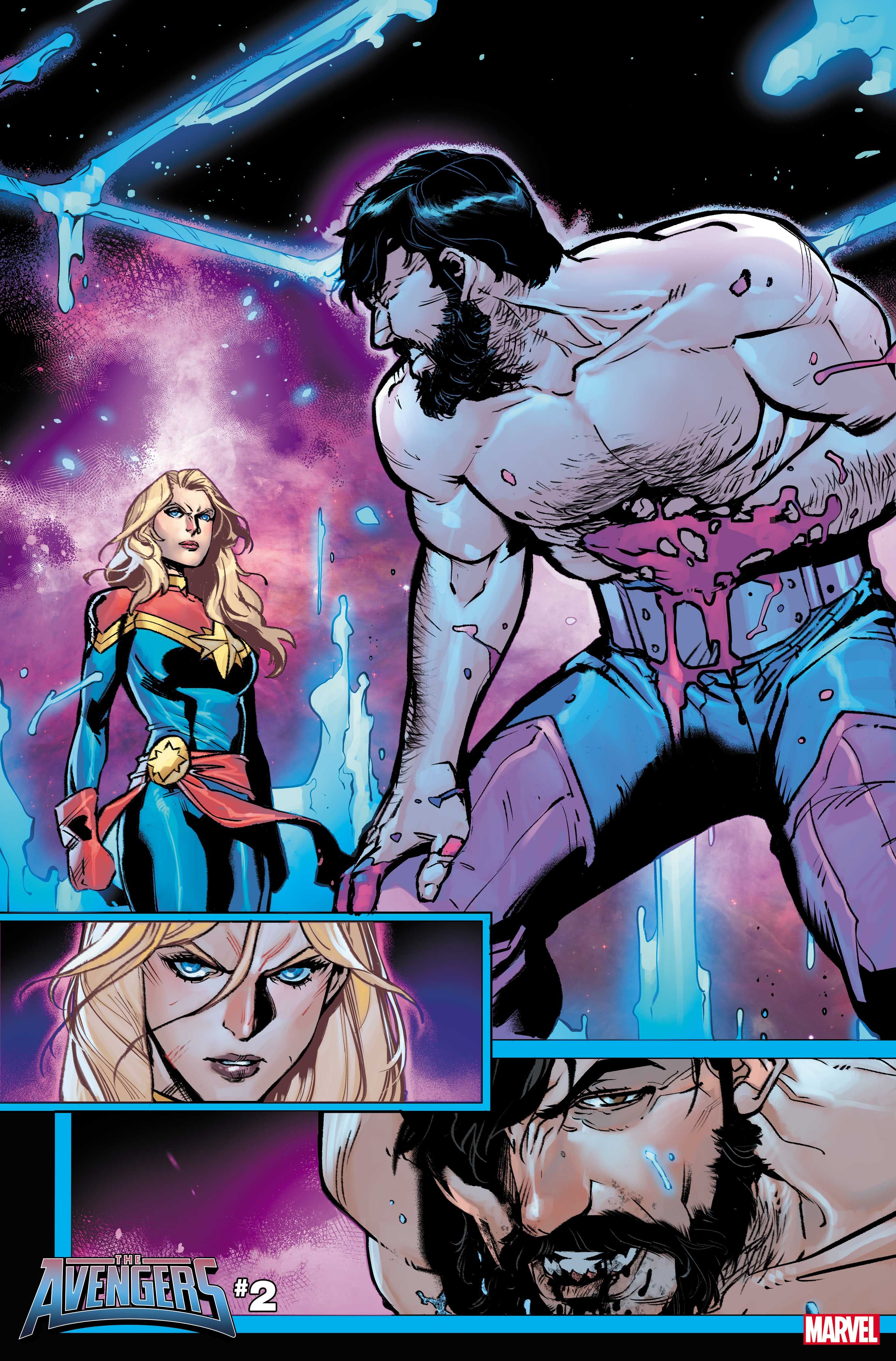 Captain Marvel faces a bleeding man in Avengers 2