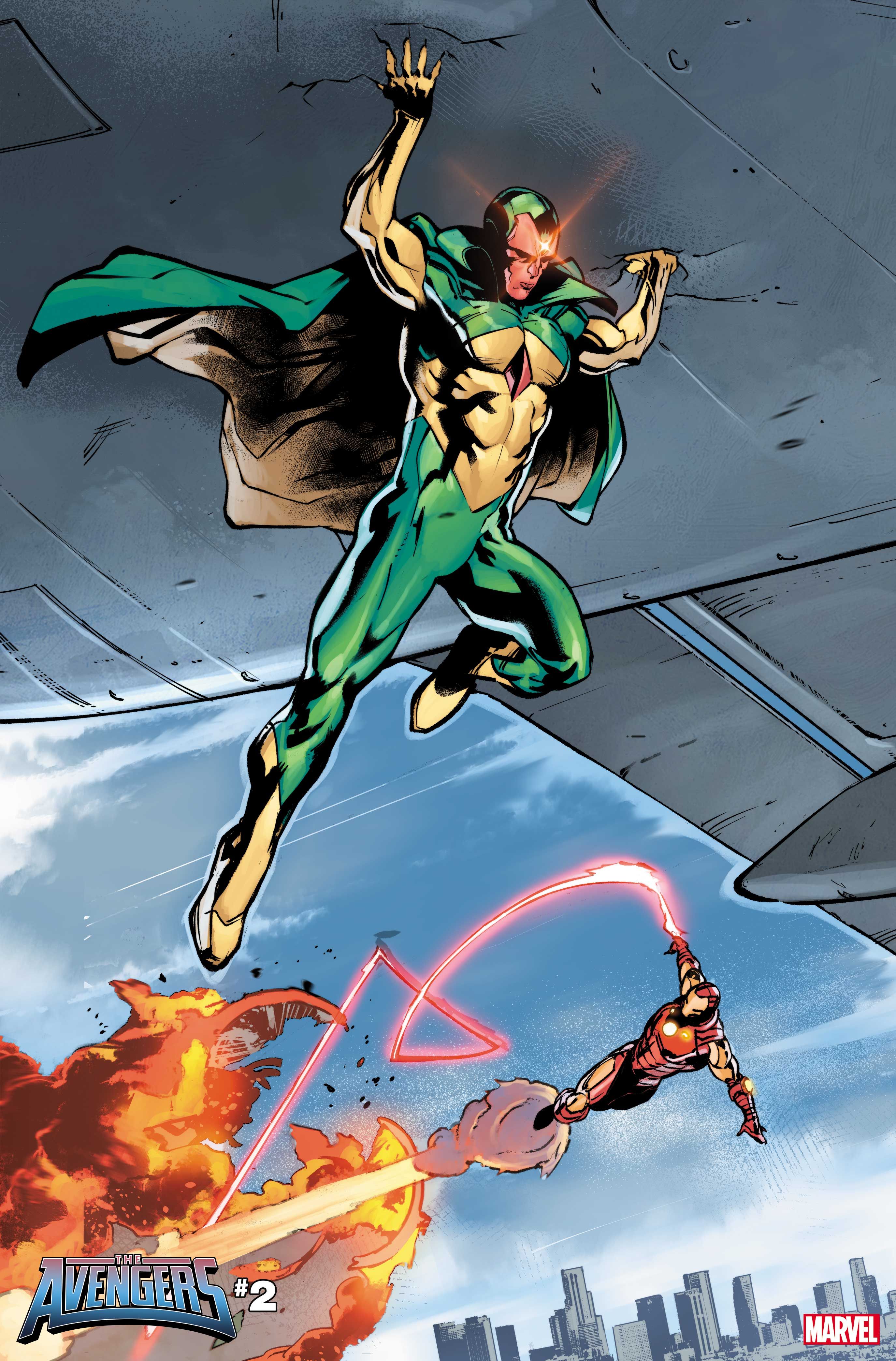 Vision and Iron Man fly under a plane in Avengers #2