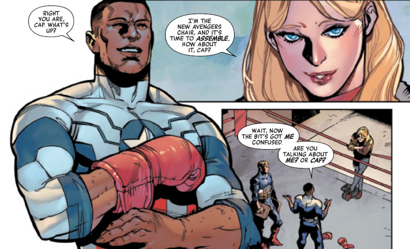 Carol Danvers coming to recruit Sam Wilson into the new Avengers lineup at a boxing gym