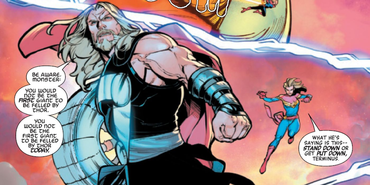 Thor fighting alongside Captain Marvel as part of the latter's new Avengers lineup