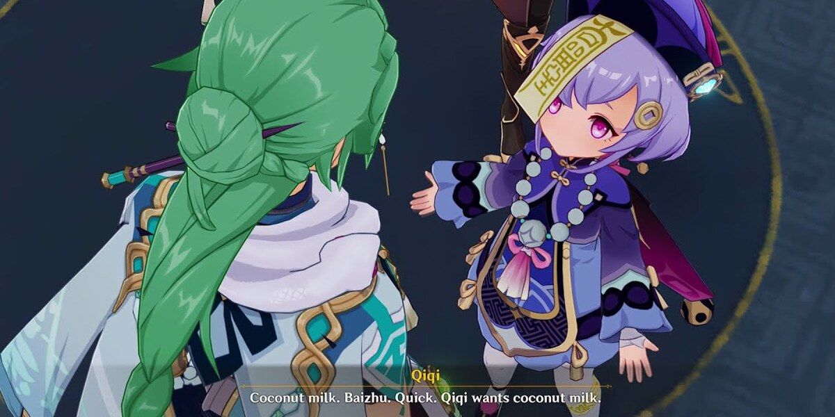 Genshin Impact: Qiqi pede leite de coco a Baizhu.