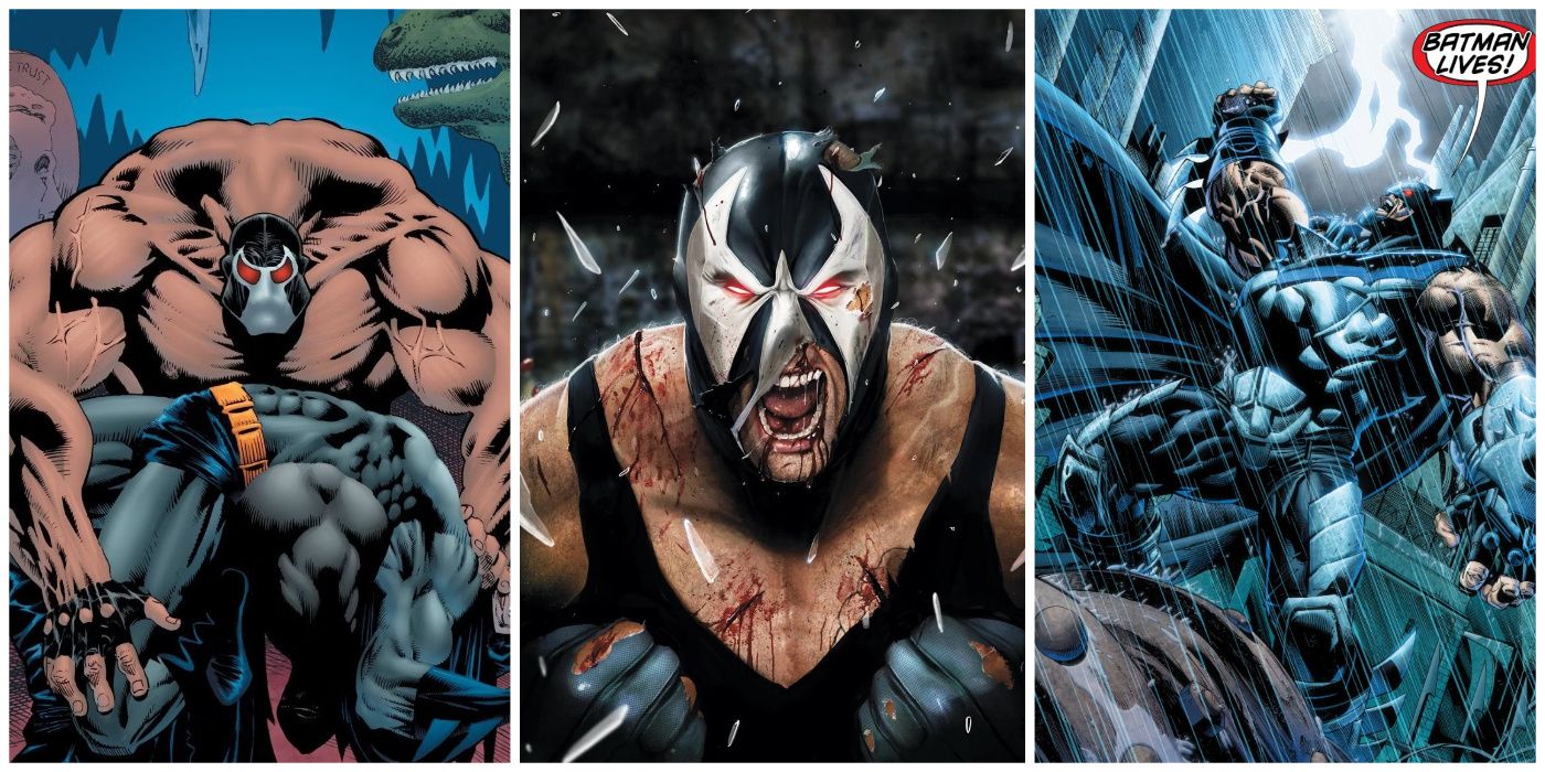 Split Image of Knightfall, Bane with torn mask, and Bane dressed as Batman