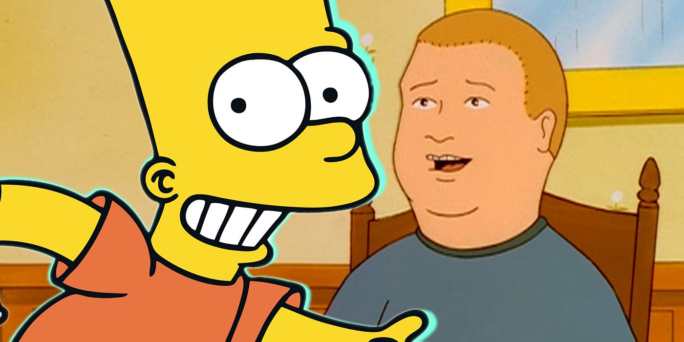A smiling Bart Simpson in front of an image of Bobby Hill at the dinner table