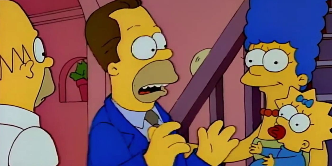 Herb Powell parado cerca de una escalera con Homer, Marge y Maggie en Los Simpson.