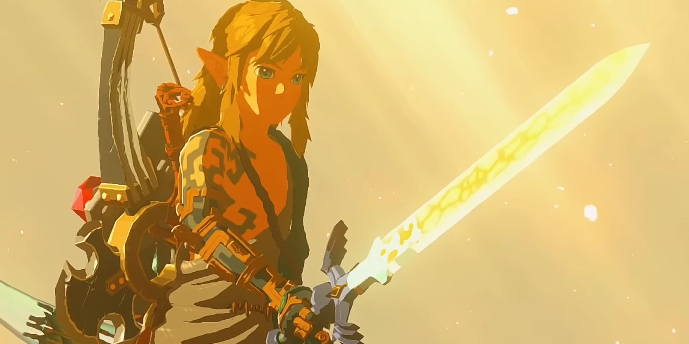 Link empunhando a espada mestra em The Legend of Zelda: Tears of the Kingdom