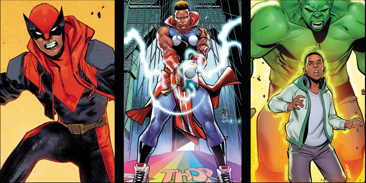Split image of Miles Morales as versions of Wolverine, Thor and Hulk in Marvel Comics