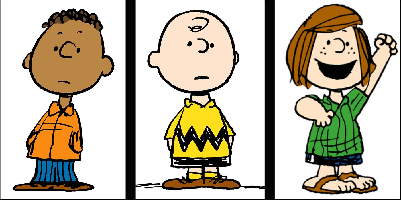 Peanuts split image of Franklin, Charlie and Peppermint Patty