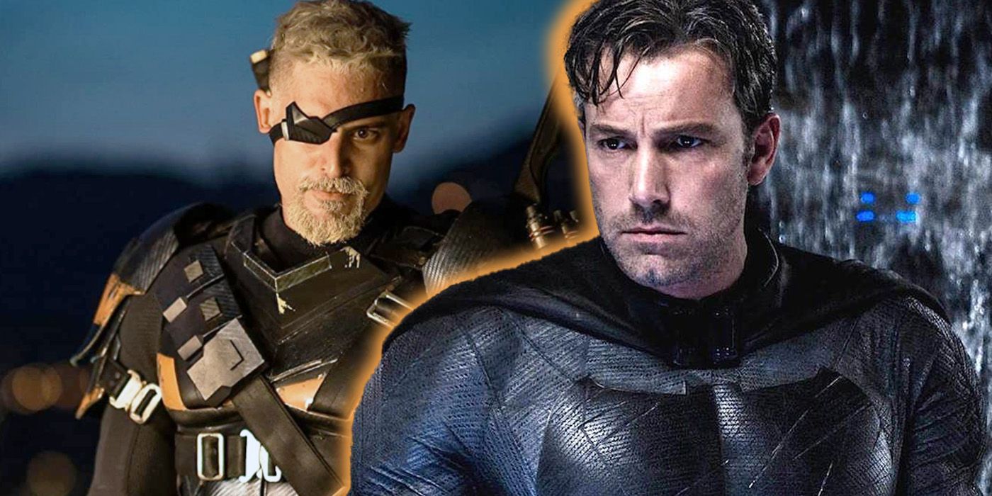 Deathstroke with his mask off beside an image of Ben Affleck's Batman with his cowl removed.