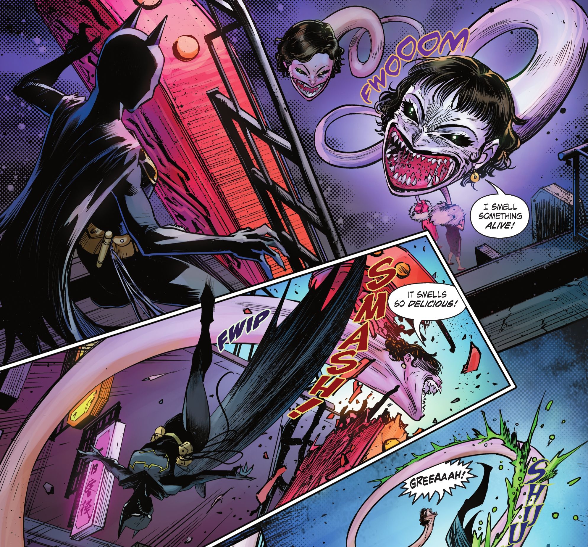 Batgirl fighting two rokurokubi in Spirit World #1