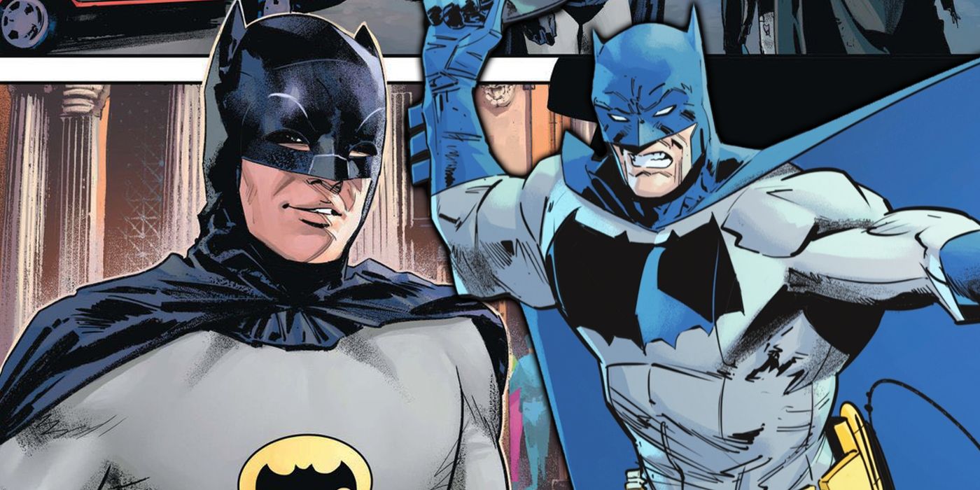Batman wears his Dark Knight Returns costume beside artwork of Adam West's Caped Crusader in Batman #135 (2023).