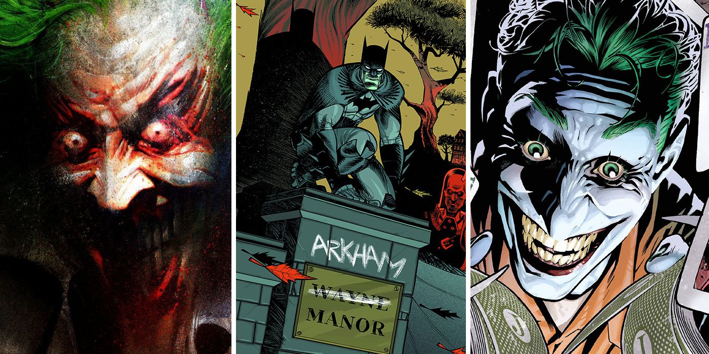 split image of Joker in Arkham Asylum, Joker's Asylum, and Batman in Arkham Manor