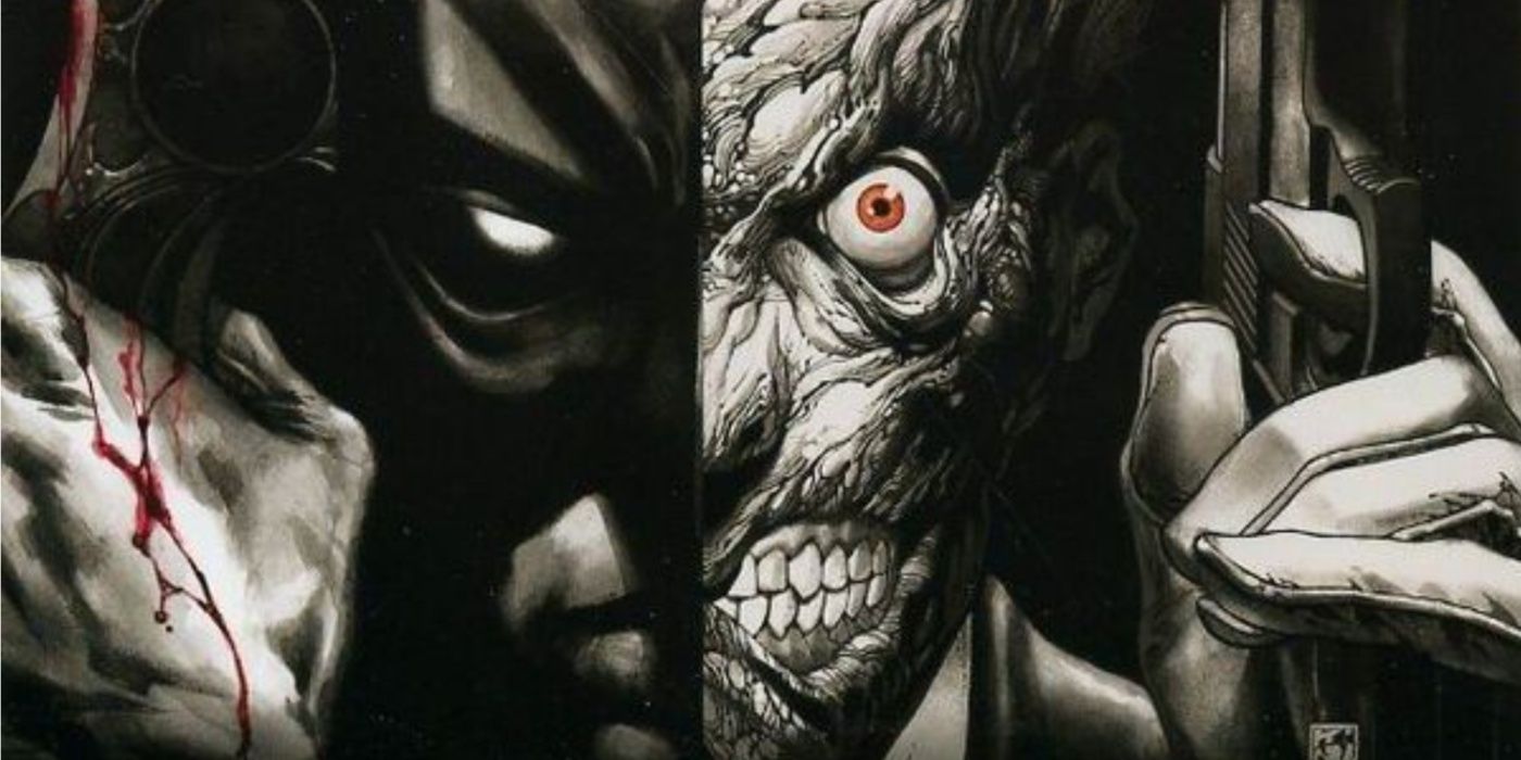 Batman ve Two-Face'in yüzleri, yüzü için kapak resminde yan yana bölünmüştür.