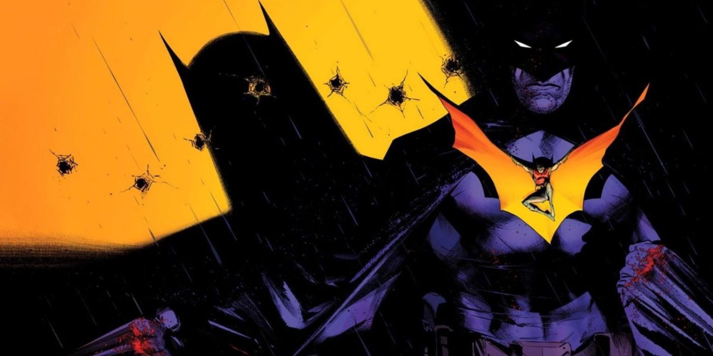 Batman in the shadows with Robin gliding in front of his bat symbol.
