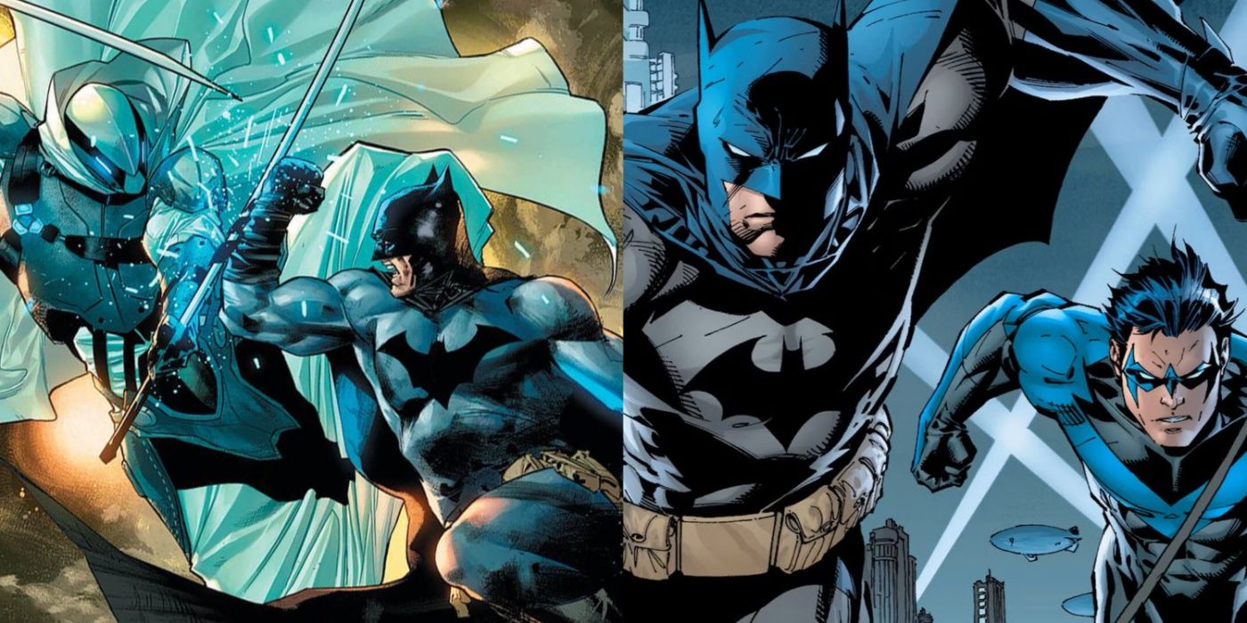 Split image of Batman fighting Ghost-Maker and teaming up with Nightwing in DC Comics.