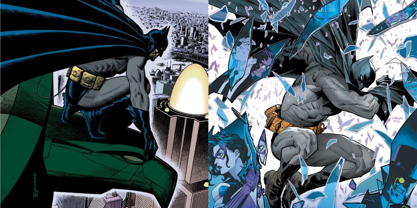 Split image of Batman perched on a gargoyle in Gotham Knights and crashing through glass in Detective Comics.