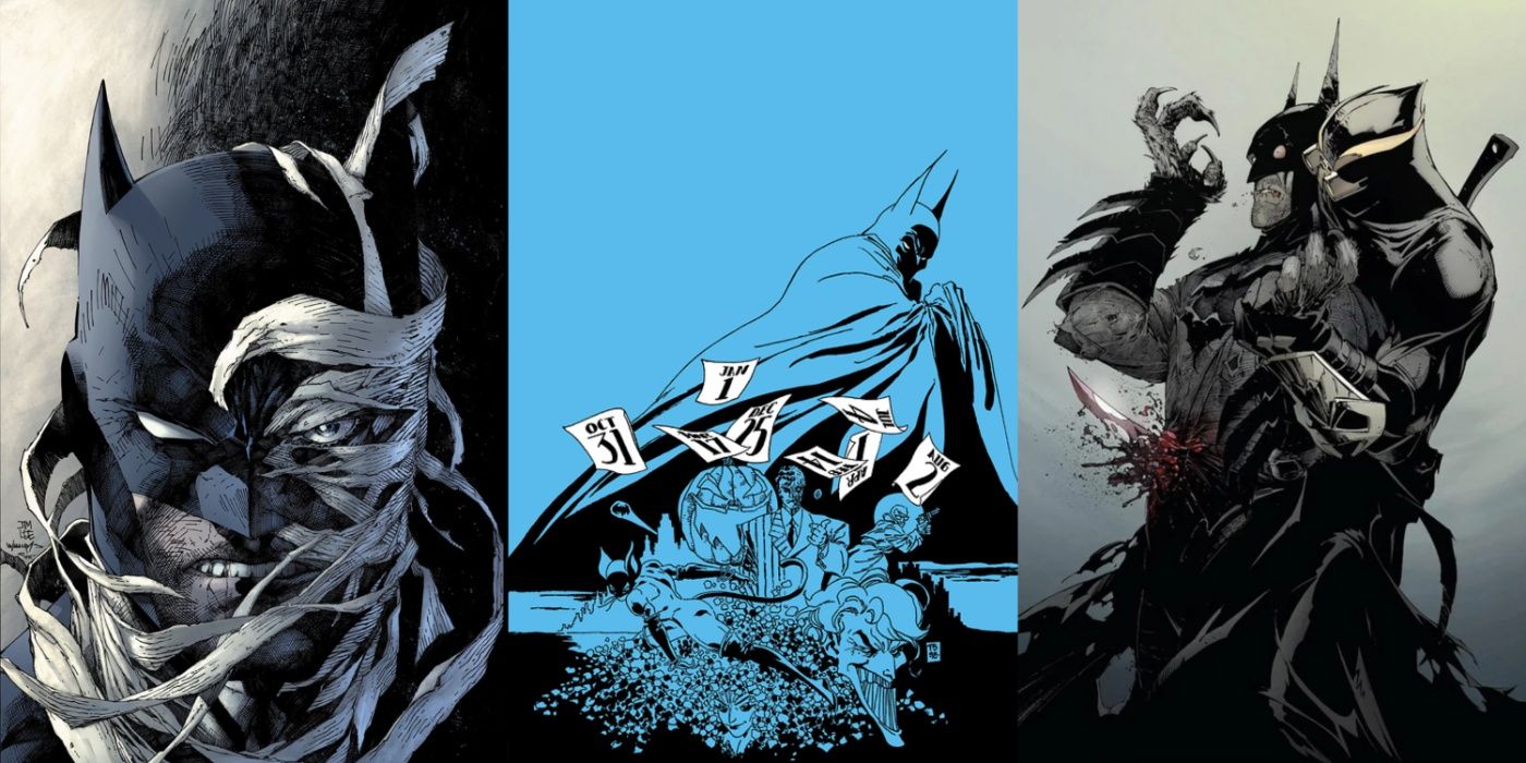 Split image of Batman on cover art for Hush, The Long Halloween, and The Court of Owls.