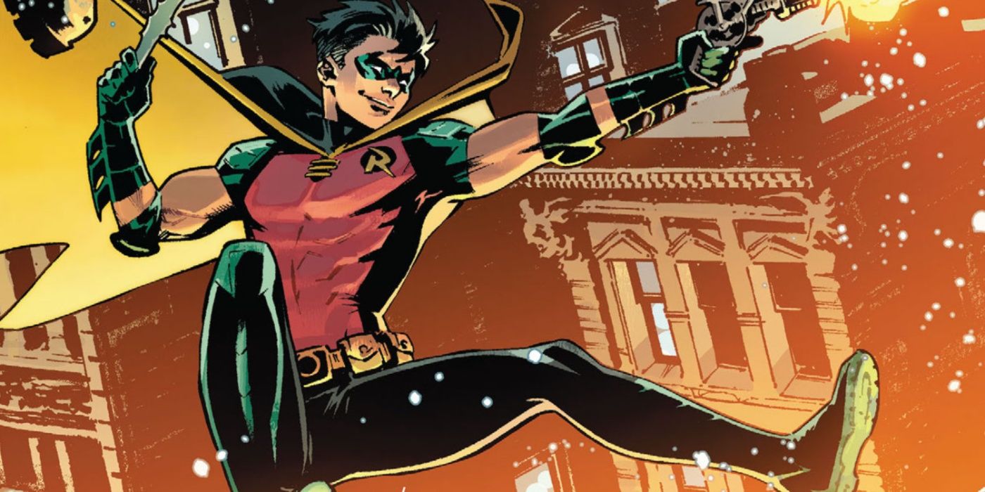 Tim Drake as Robin swinging through Gotham City