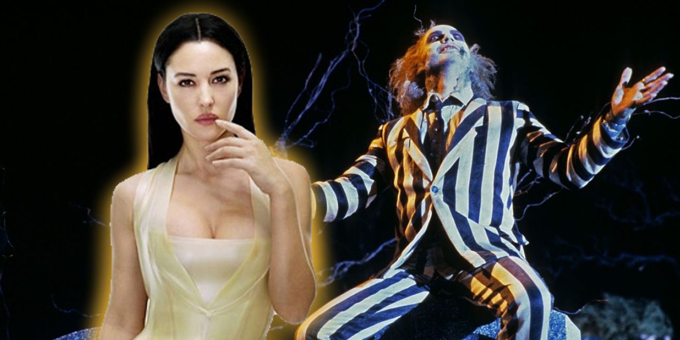 Monica Bellucci in front of a screenshot from 1988's Beetlejuice.