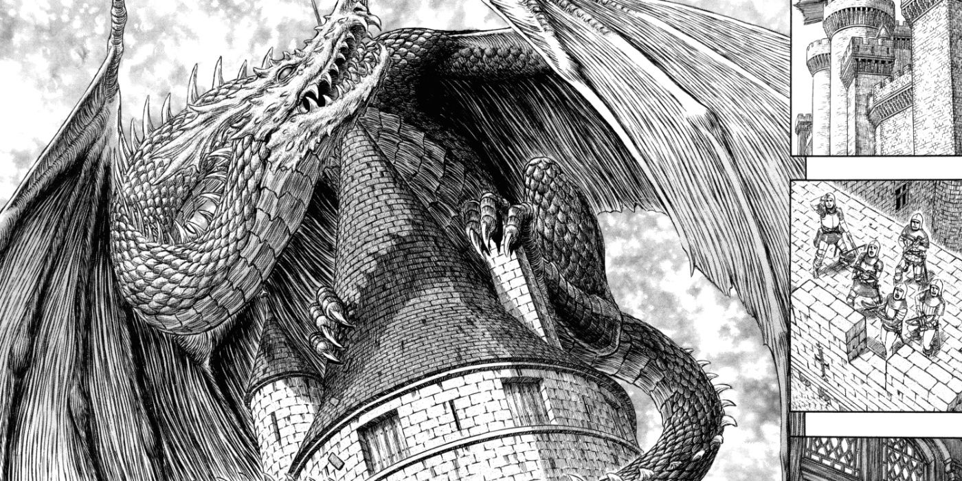 Um dragão empoleirado no topo de um castelo em Berserk.