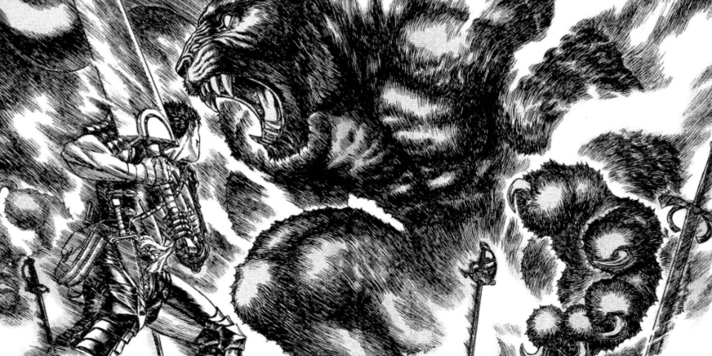 Guts bracing himself and wielding his sword as Zodd takes on his Apostle form in Berserk.