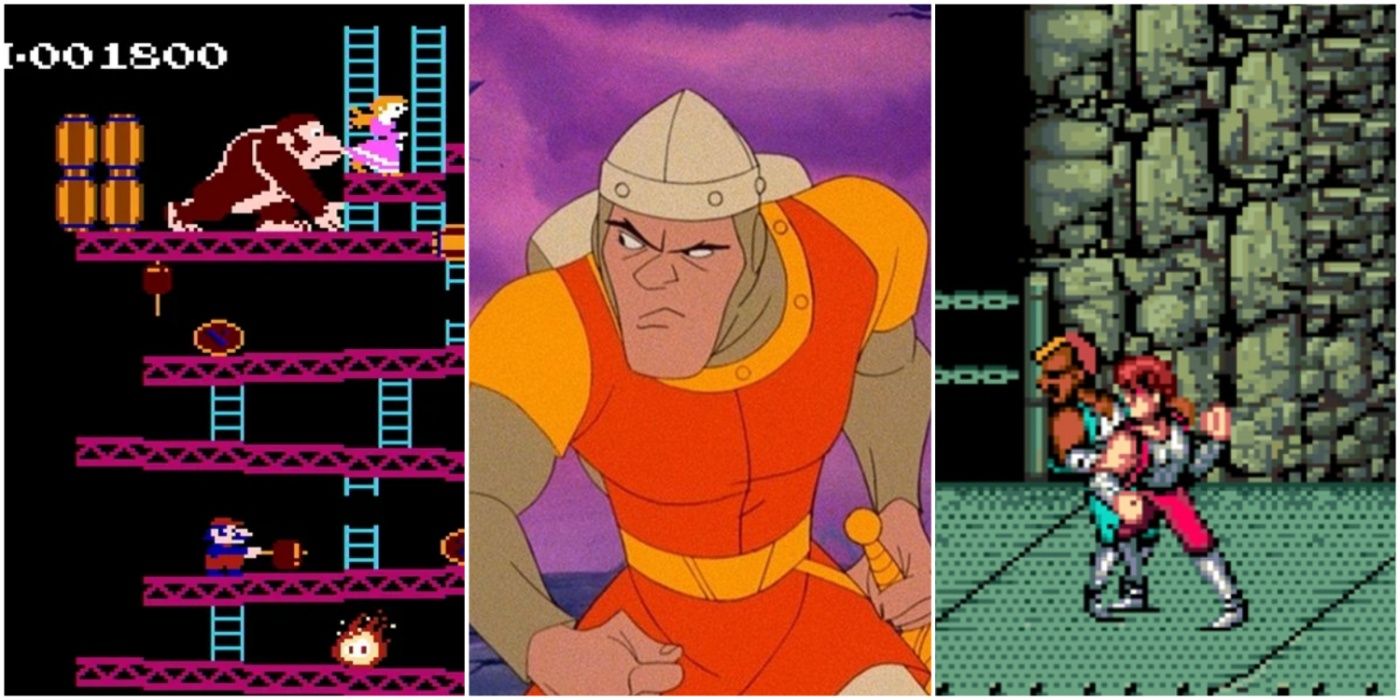 A split image showing Donkey Kong, Dragon's Lair, and Double Dragon arcade video games