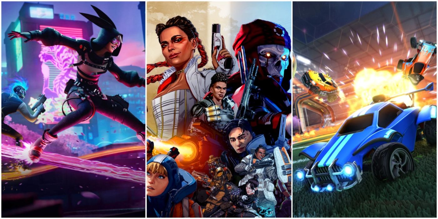 A split image showing Fortnite: Battle Royale, Apex Legends, and Rocket League.