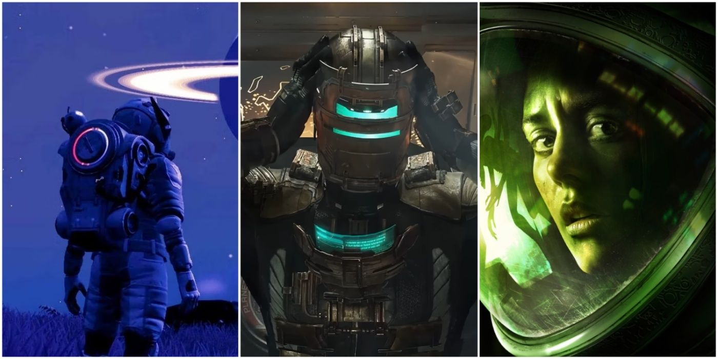 A split image showing No Man's Sky, Isaac Clarke in Dead Space, and Amanda Ripley in Alien: Isolation