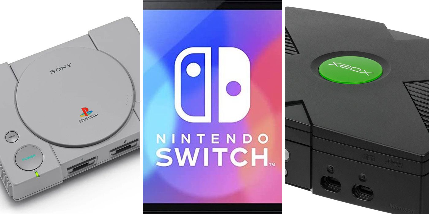 split image of the PlayStation, original Xbox, and Nintendo Switch consoles