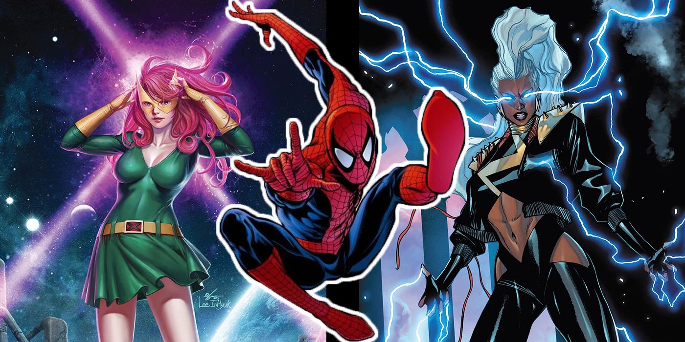Images of Jean Grey, Spider-Man, and Storm using their superpowers