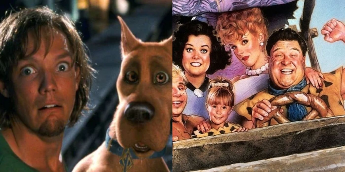 Split image showing scenes from the Scooby-Doo and Flintstones live-action movies