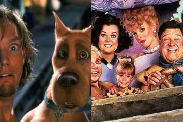 Split image showing scenes from the Scooby-Doo and Flintstones live-action movies