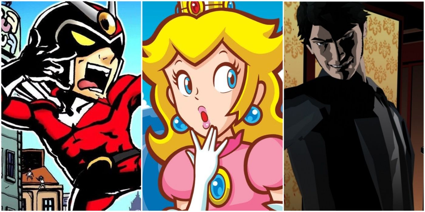 A split image of video game characters from Viewtiful Joe, Super Princess Peach, and Killer7