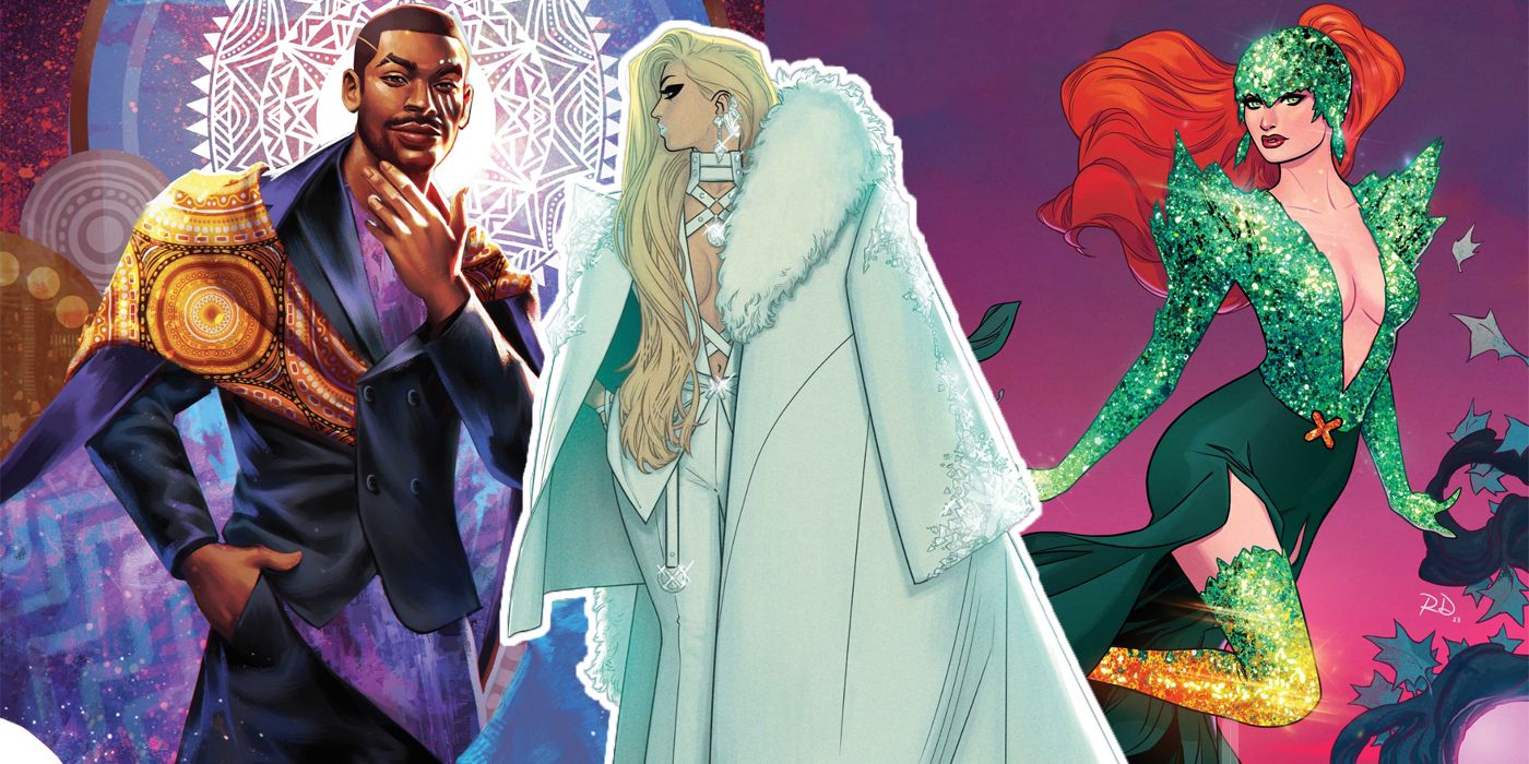 Collage of Black Panther, Emma Frost and Jean Grey in their Hellfire Gala 2023 costumes