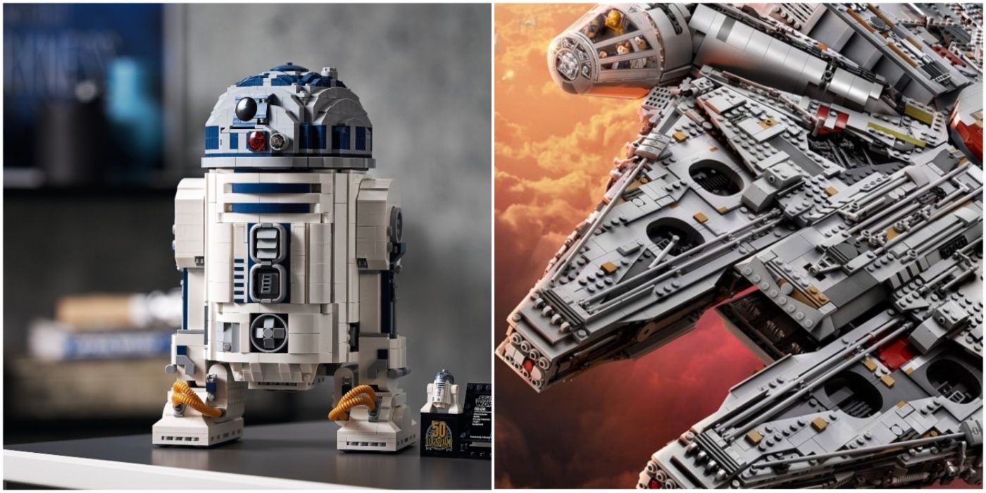 A split image showing the R2-D2 and Millennium Falcon Star Wars LEGO sets.