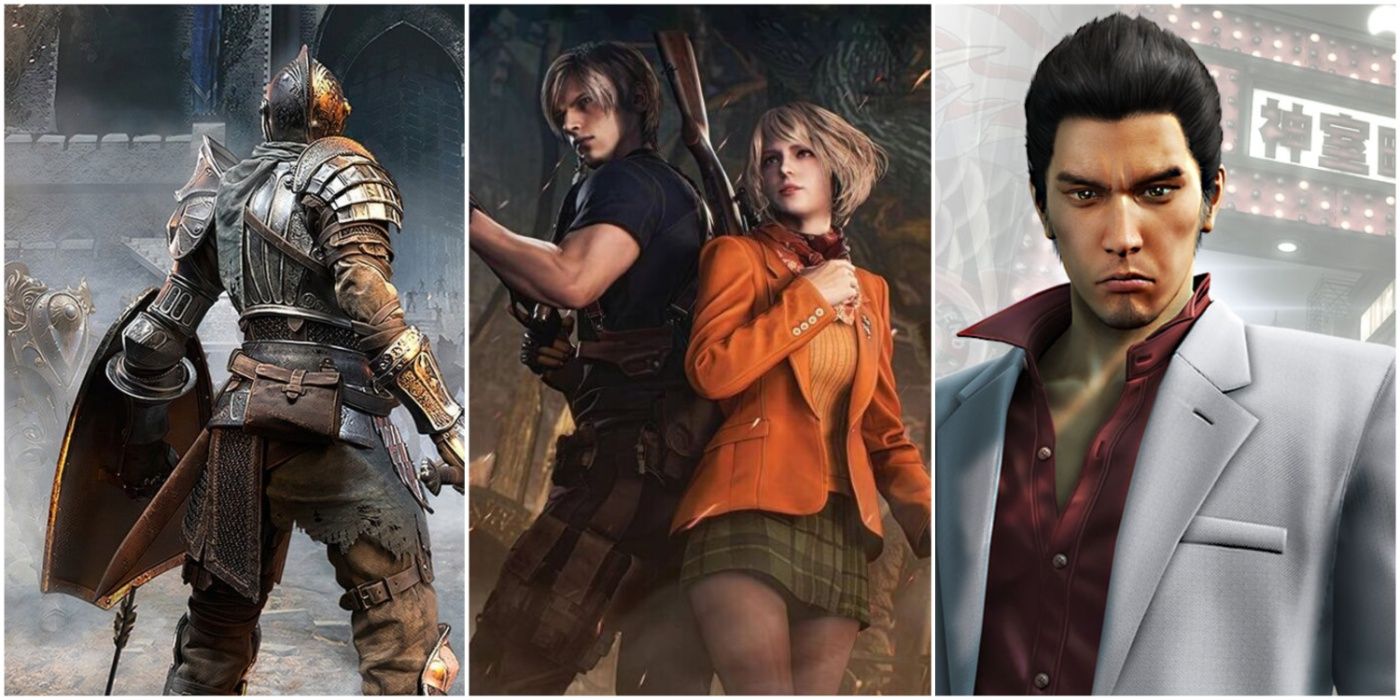 A split image of Demon's Souls Remake, Leon and Ashley in Resident Evil 4 remake, and Yakuza Kiwami