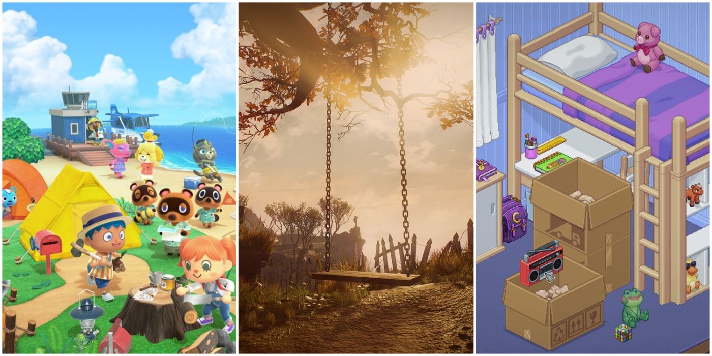 A split image showing Animal Crossing: New Horizons, What Remains of Edith Finch, and Unpacking game