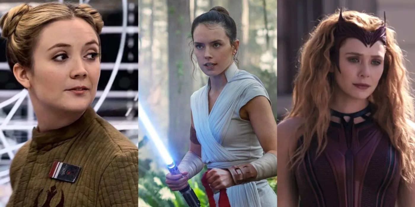 Split image of Billie Lourd in Star Wars, Daisy Ridley in Star Wars, and Elizabeth Olsen in WandaVision.
