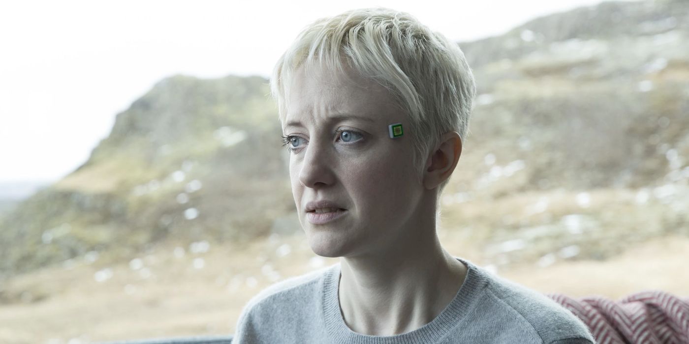 Mia Nolan looking concerned in Black Mirror's "Crocodile" Episode 