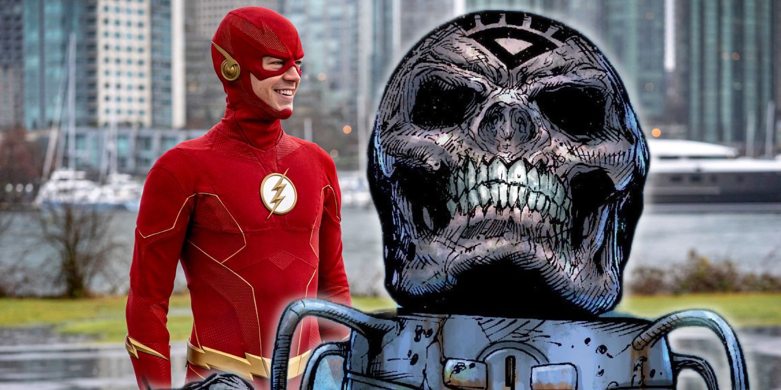 The Flash smiling jovially at the skull face of Nekron