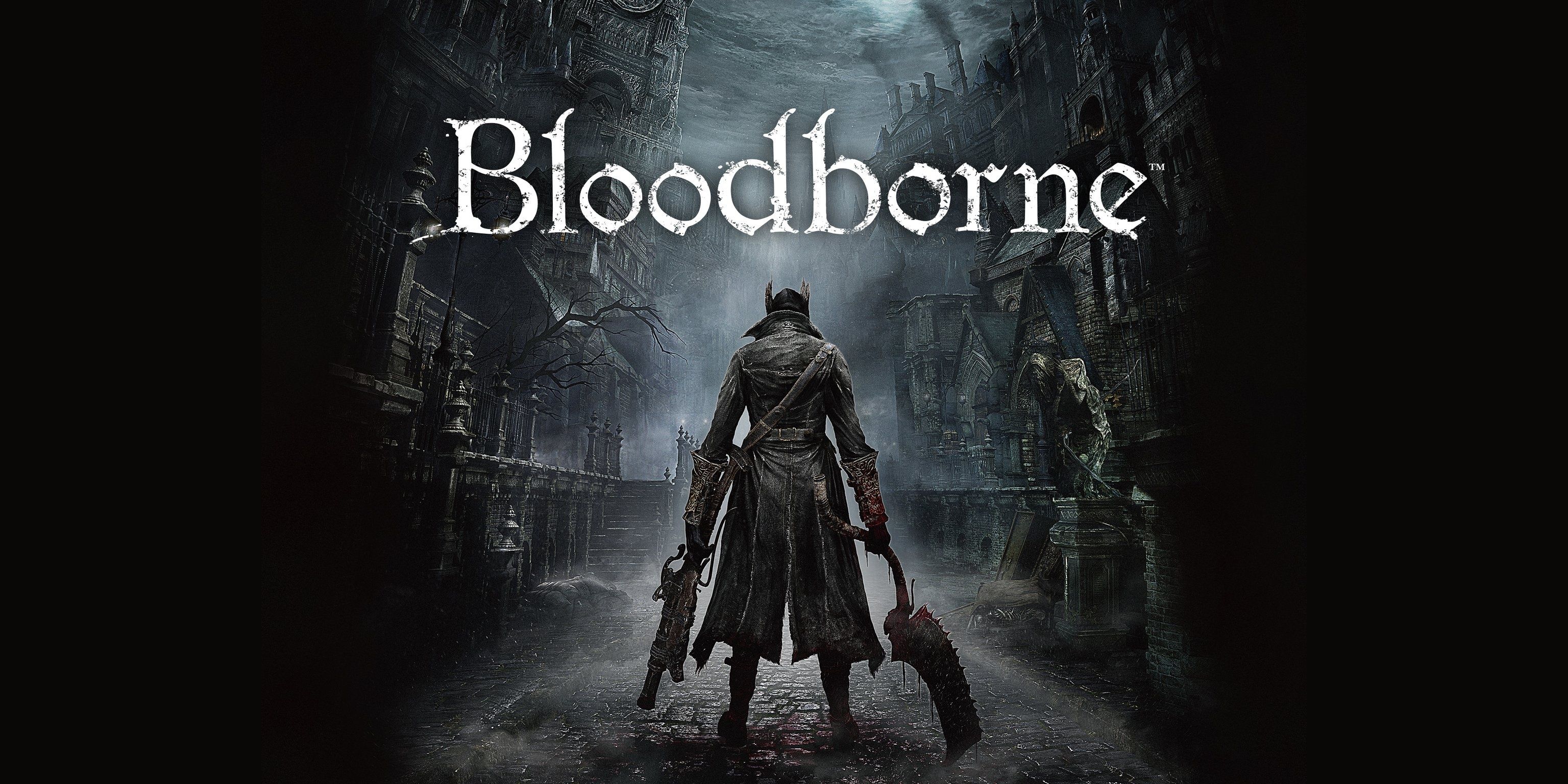 Bloodborne key art showing the Hunter on a dark street facing away from the viewer