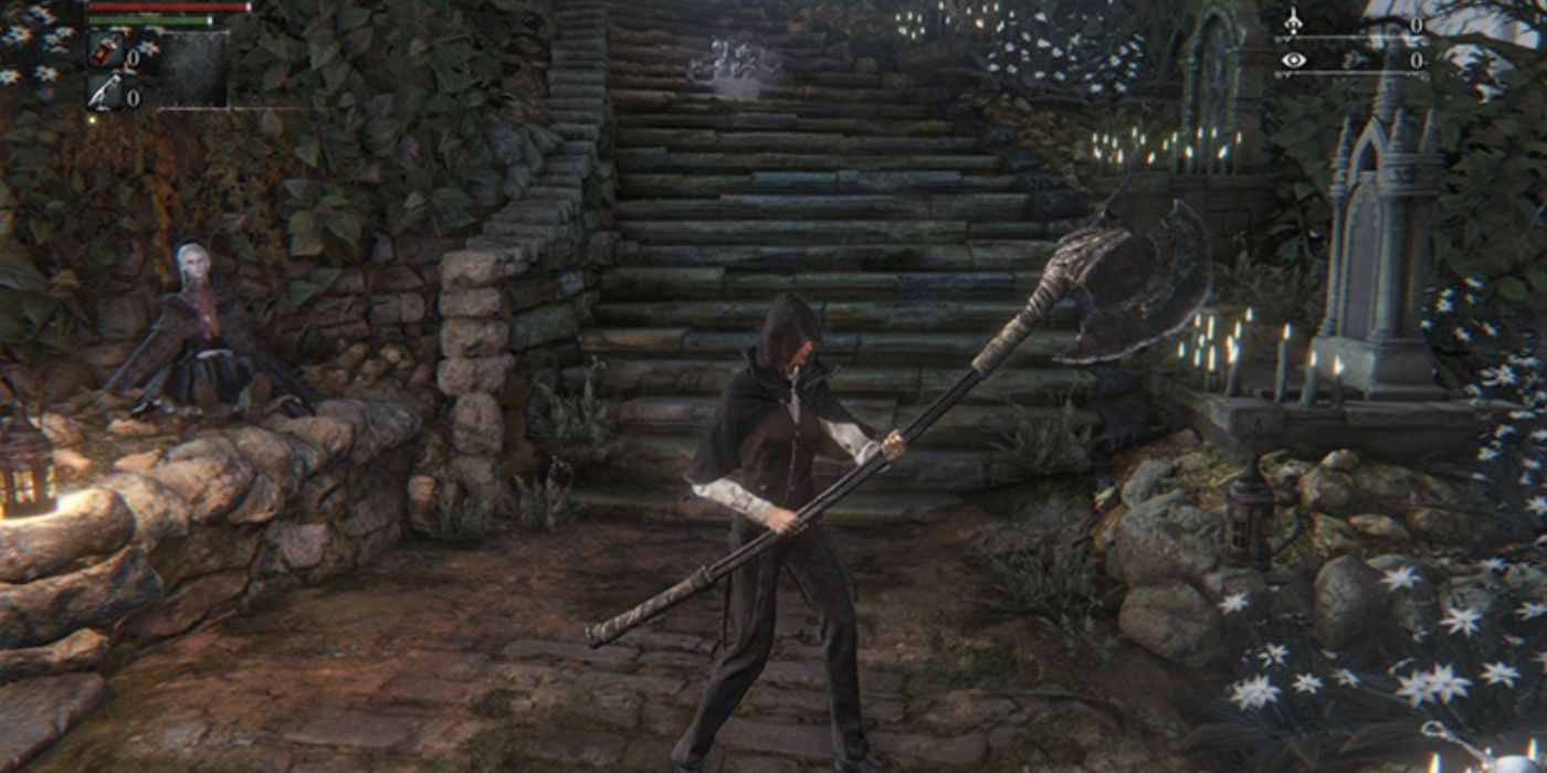 O protagonista Hunter empunhando o Hunter Axe transformado em Bloodborne.