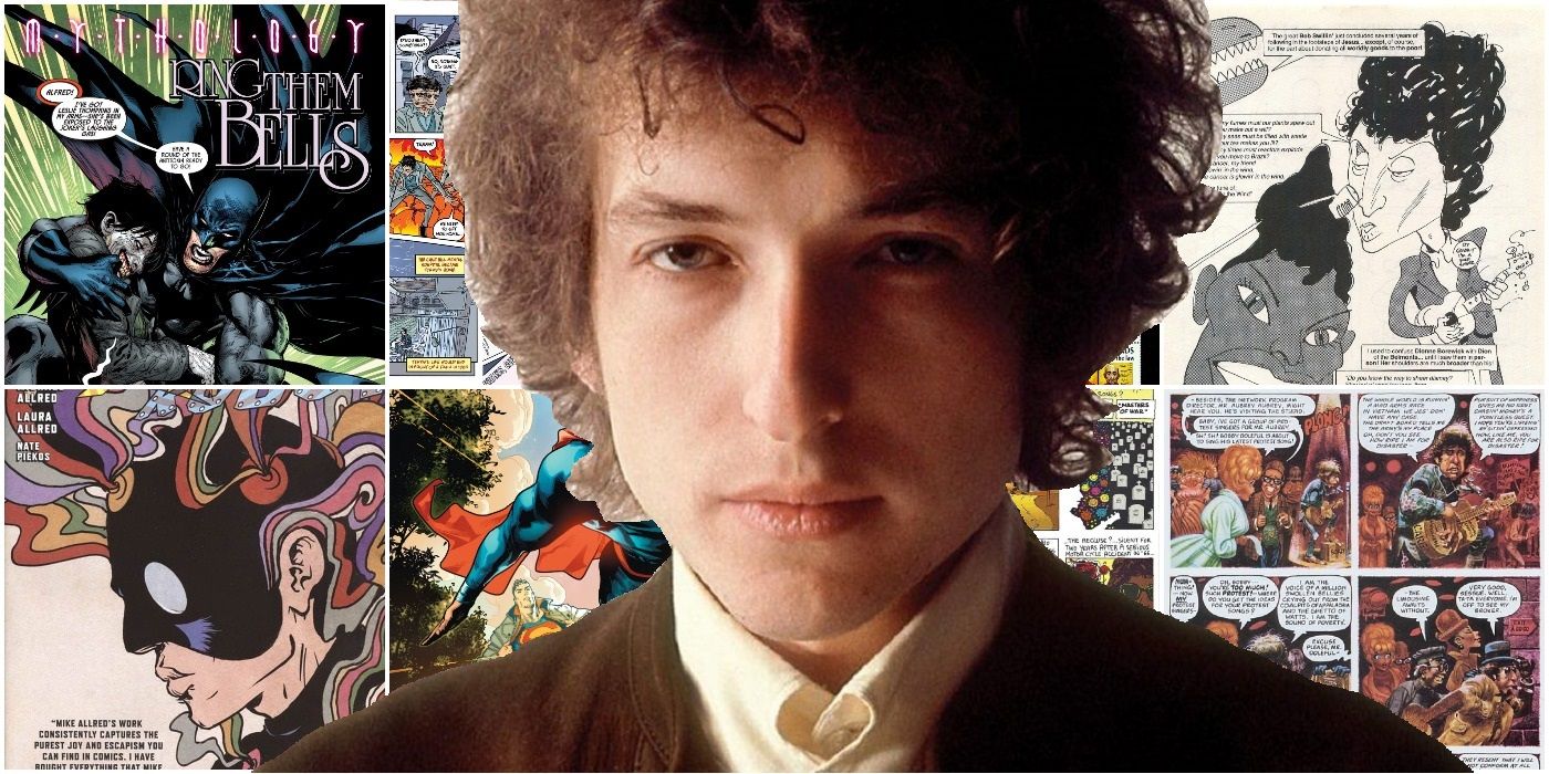 Bob Dylan from 1966 in front of a bunch of Bob Dylan comic book references