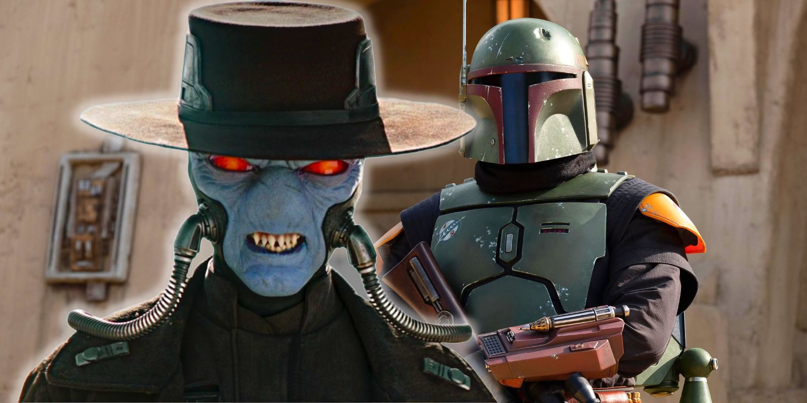 Cad Bane snarling at a stoic Boba Fett who's posing with his rifle