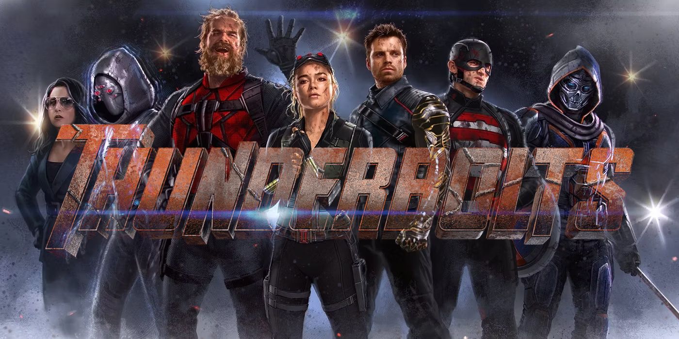 Marvel Studios' Thunderbolts cast with the film's logo.